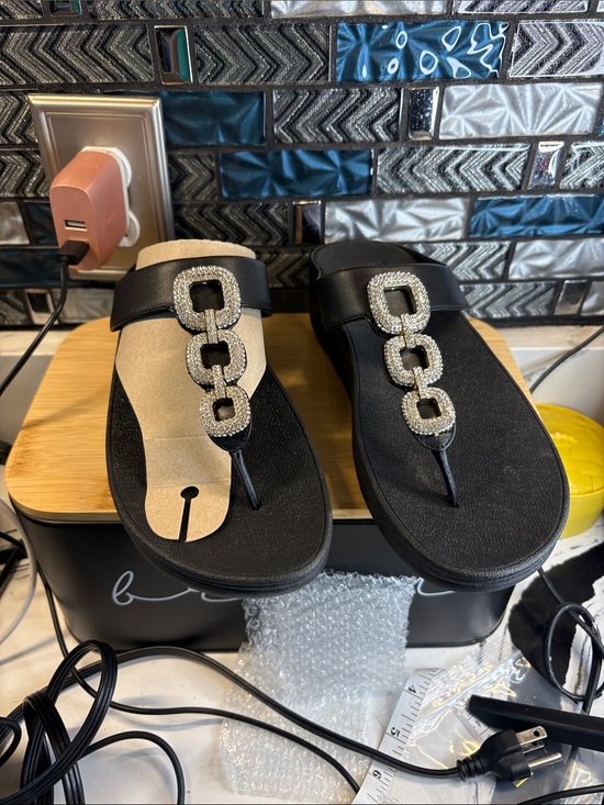 Fitflop Shoes - FitFlop Black Rhinestone Chain T-Strap Sandals